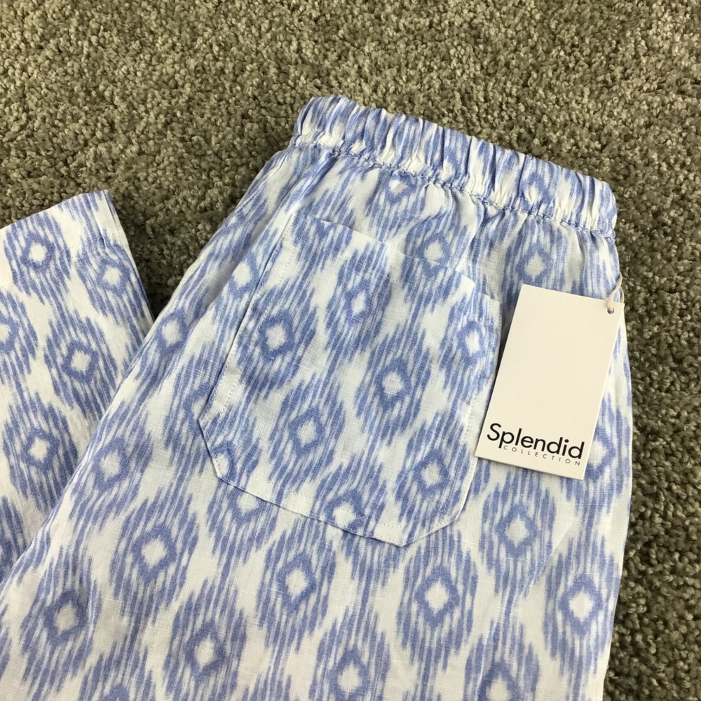 Splendid Womens White Blue Ikat Print Crop Wide Leg Linen Lounge Pants XS NWT